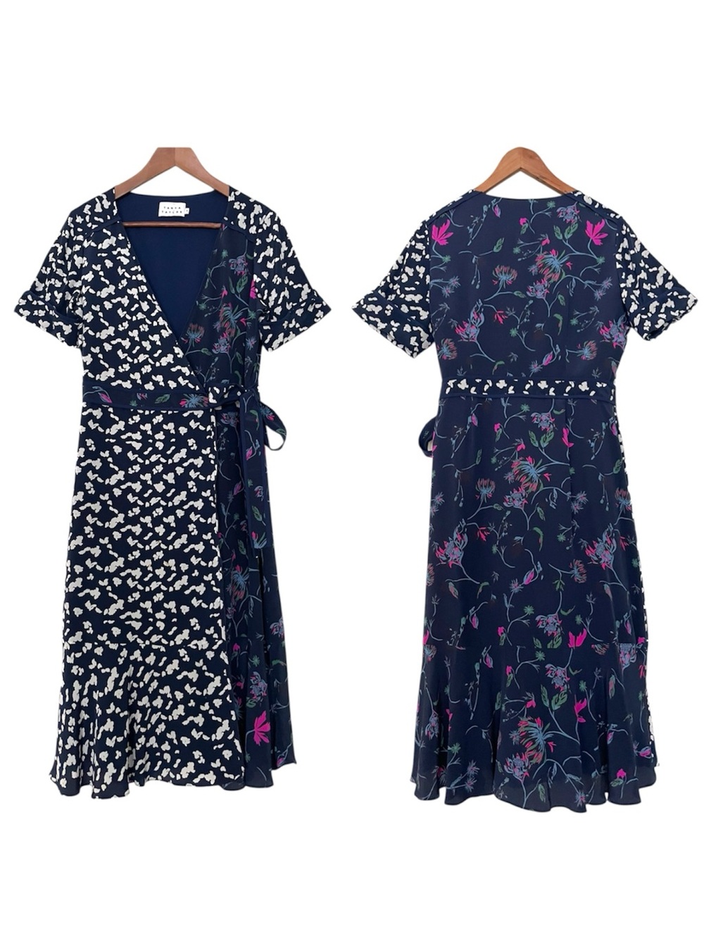 Tanya Taylor Silk Wrap Dress Size 8 Navy Mixed Print Floral Midi Ruffle Hem